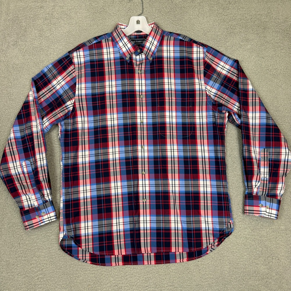 Paul Fredrick Slim Fit Plaid Button Down Shirt Mens Large Red Blue Cotton 5870
